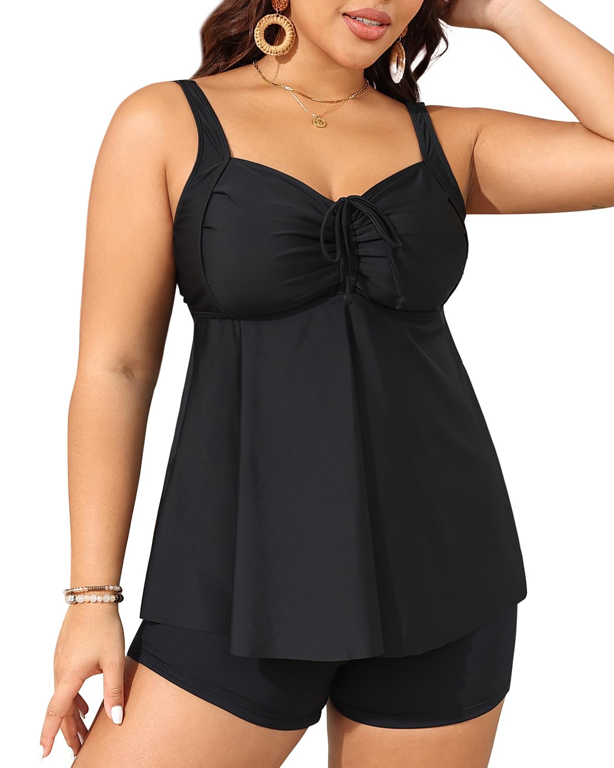 Black Plus Size Tankini Swimsuits for Women with Shorts Flyaway Bathing Suits 2 Piece Swimwear 16plus-image-25