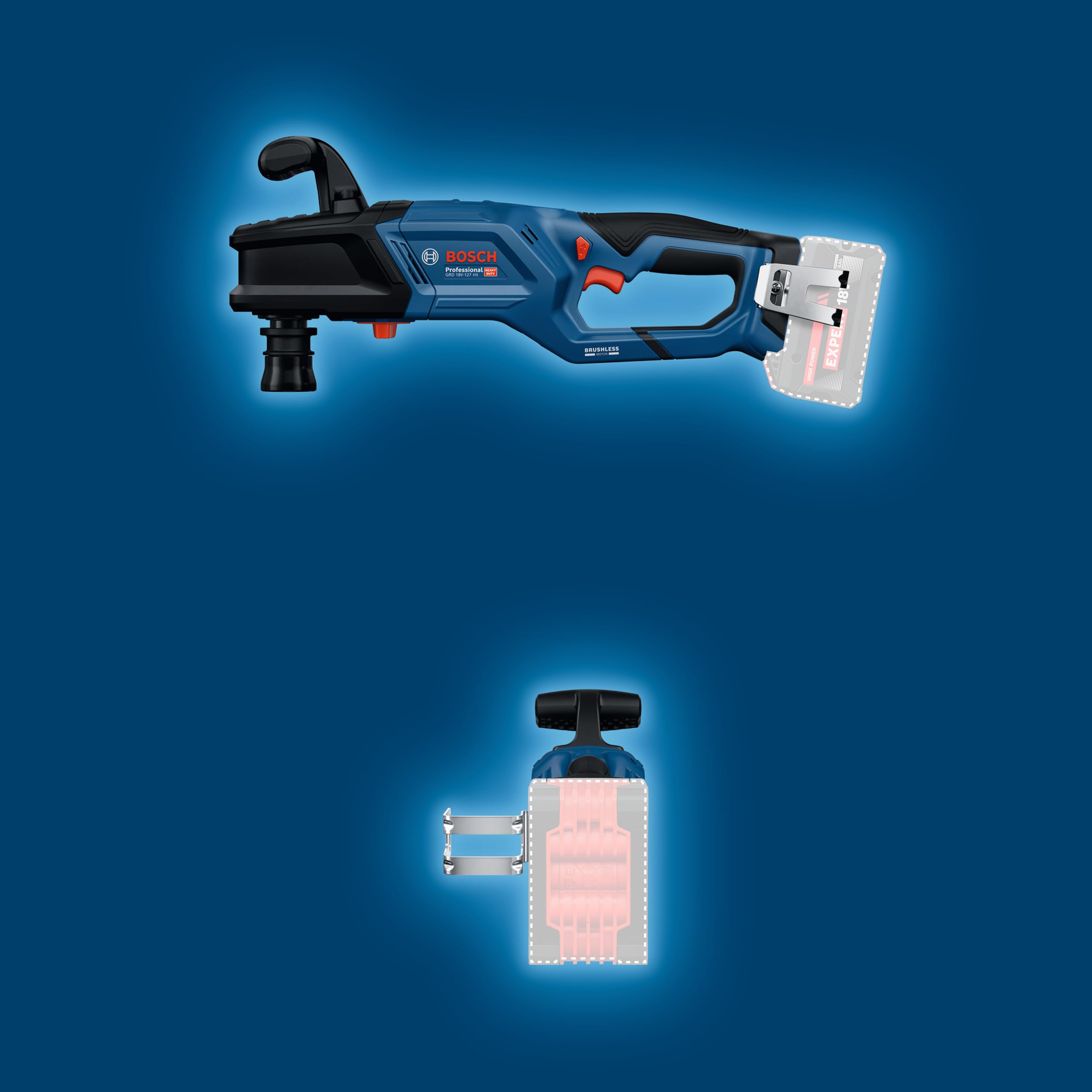 Bosch Professional 18V System Akku-Winkelbohrmaschine GRD 18V-127 (65 Nm weiches Drehmoment, bürstenloser Motor, 2 Geschwindigkeitsstufen: schnelle Roharbeiten 1.800 min⁻¹, langsame Stufe 550 min⁻¹)