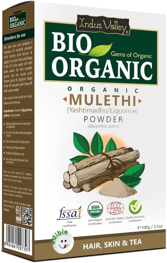 Indus Valley Halal Certified 100% Natural Pure Mulethi Powder | Yashimadhu | Liquorice | Glycyrrhiza glabra | Best for hair and Skin care -(100g) Indus Valley Halal Certified 100% Natural Pure Mulethi Powder | Yashimadhu | Liquorice | Glycyrrhiza glabra | Best for hair and Skin care -(100g)
