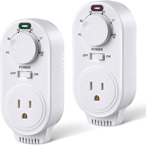 Gulfmew Paquete de 2 termostatos ajustables, termostato de calefacción y refrigeración con toma controlada, compatible con CA portátil, ventiladores