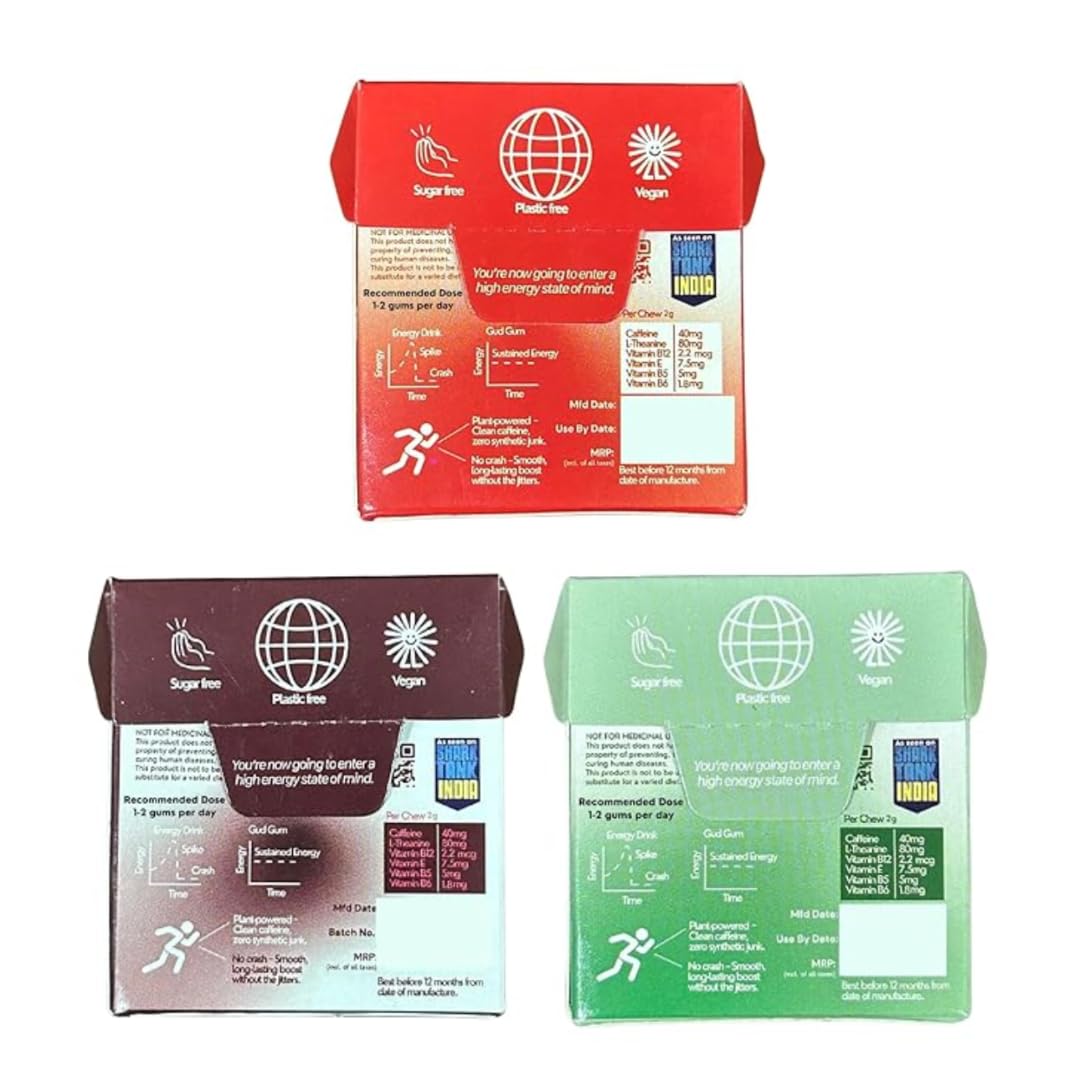 Gud Gum Caffeine Gum Variety Pack with Xylitol – 4 Pack Assorted Flavors (Cola, Raspberry, Cold Coffee, Mint) – Sugar-Free, Fast-Acting Energy Gum for Focus, Alertness & On-the-Go Boost (3 Pack Assorted) - Image 2 thumbnail
