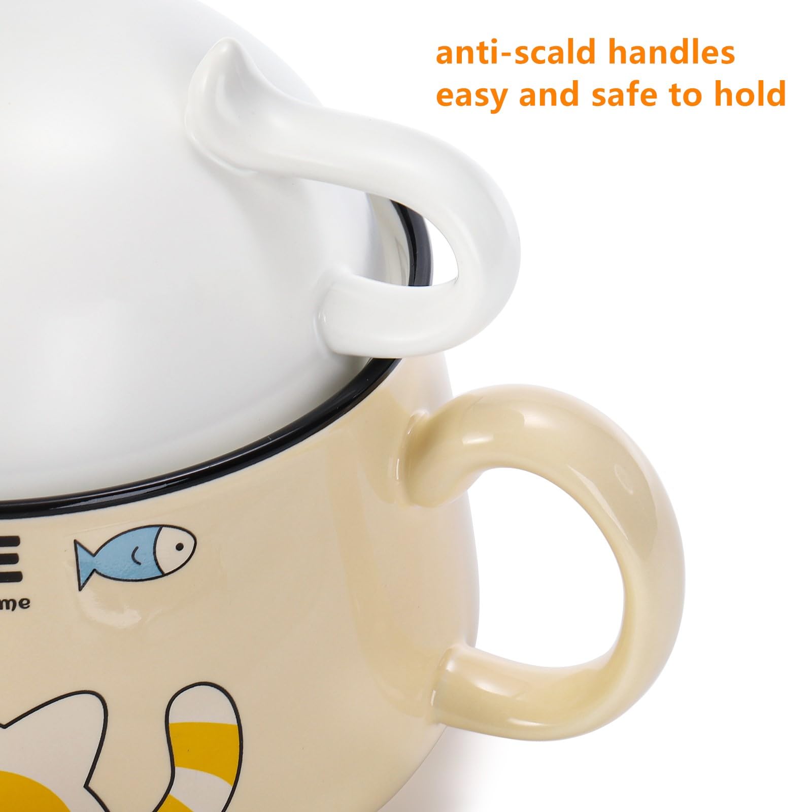 Cididu Ramen Bowl with Handle and Lid, 34.5 oz Ceramic Instant Noodle Bowl Cute Cat with Spoon Chopsticks for Dorm, Large Microwavable Japanese Soup Pot Bowl