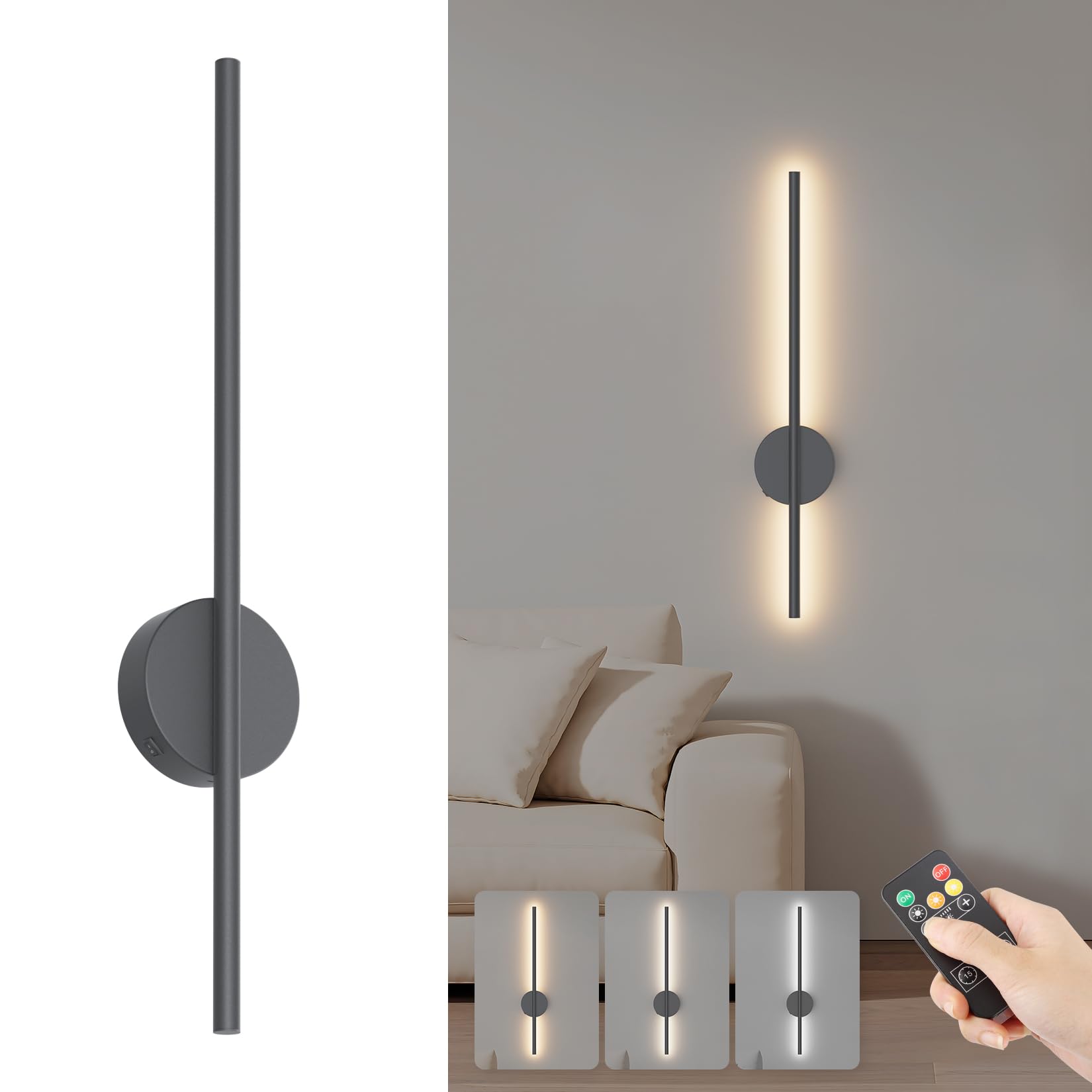 Aipsun Aplique de batería con mando a distancia en el interior, 10000mAh - 60CM de largo antracita 5W con funciones de atenuación y temporización, 3000K-6000K, para salón, dormitorio, comedor