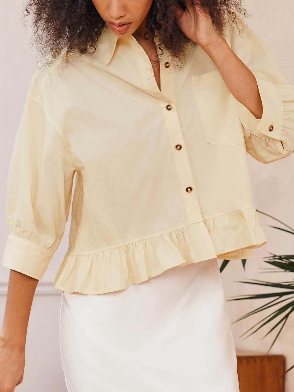 Cicy Bell Womens Cropped Button Down Shirts 3/4 Length Sleeve Casual Cotton Blouses Loose Fit Ruffle Hem Tops - Image 4