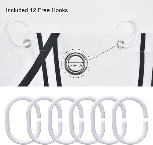 Miniatura 4 de Punkray Cortina de ducha de tela ondulada a rayas blancas y negras para baño con 12 ganchos, cortinas de ducha para baño de 72 pulgadas de largo,