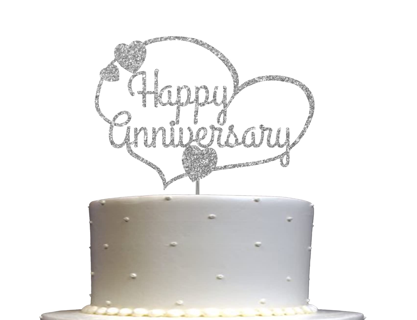 RokAPary Happy Anniversary Glitter Cake Topper, Birthday Party Decorations Ideas, Premium Quality Decoration, Sturdy Doubled Sided Glitter, Acrylic Stick. Made in USA (Silver)