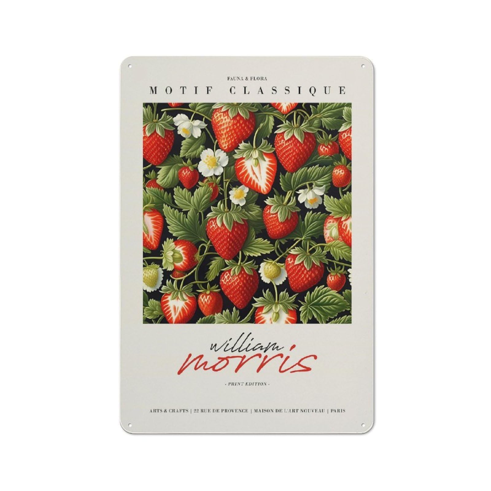 Junmoney Style-23 30X20cm Retro Tin Sign With William Morris Strawberrie For Lounge Or Reading Corner, A Decorative Metal Sign For Lounges And Reading Corners