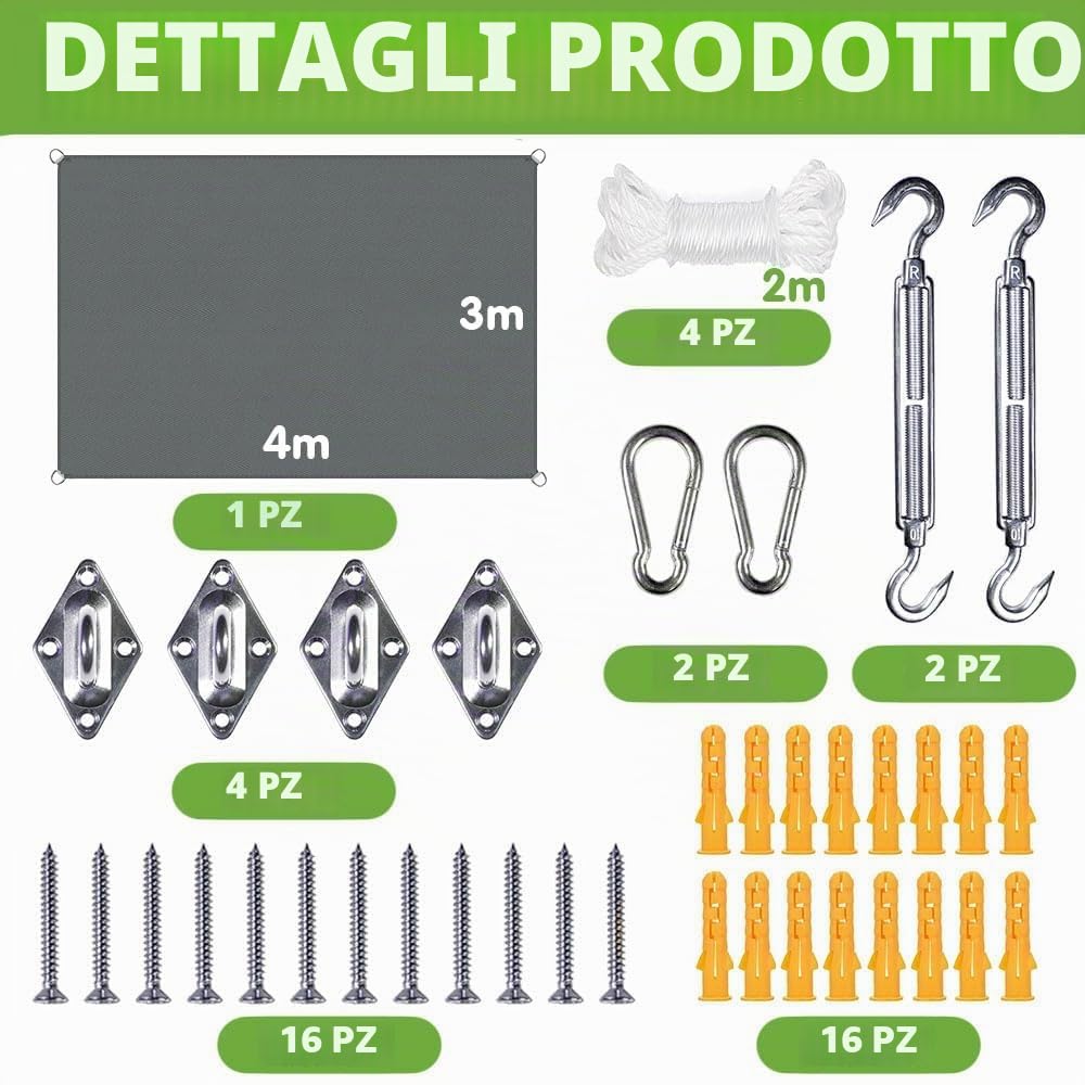 Tenda solare impermeabile 3x4m, occhielli, rettangolare, set fissaggio, resistente intemperie, traspirante, protezione UV, giardino, terrazza, balcone (grigio 3MX4M)