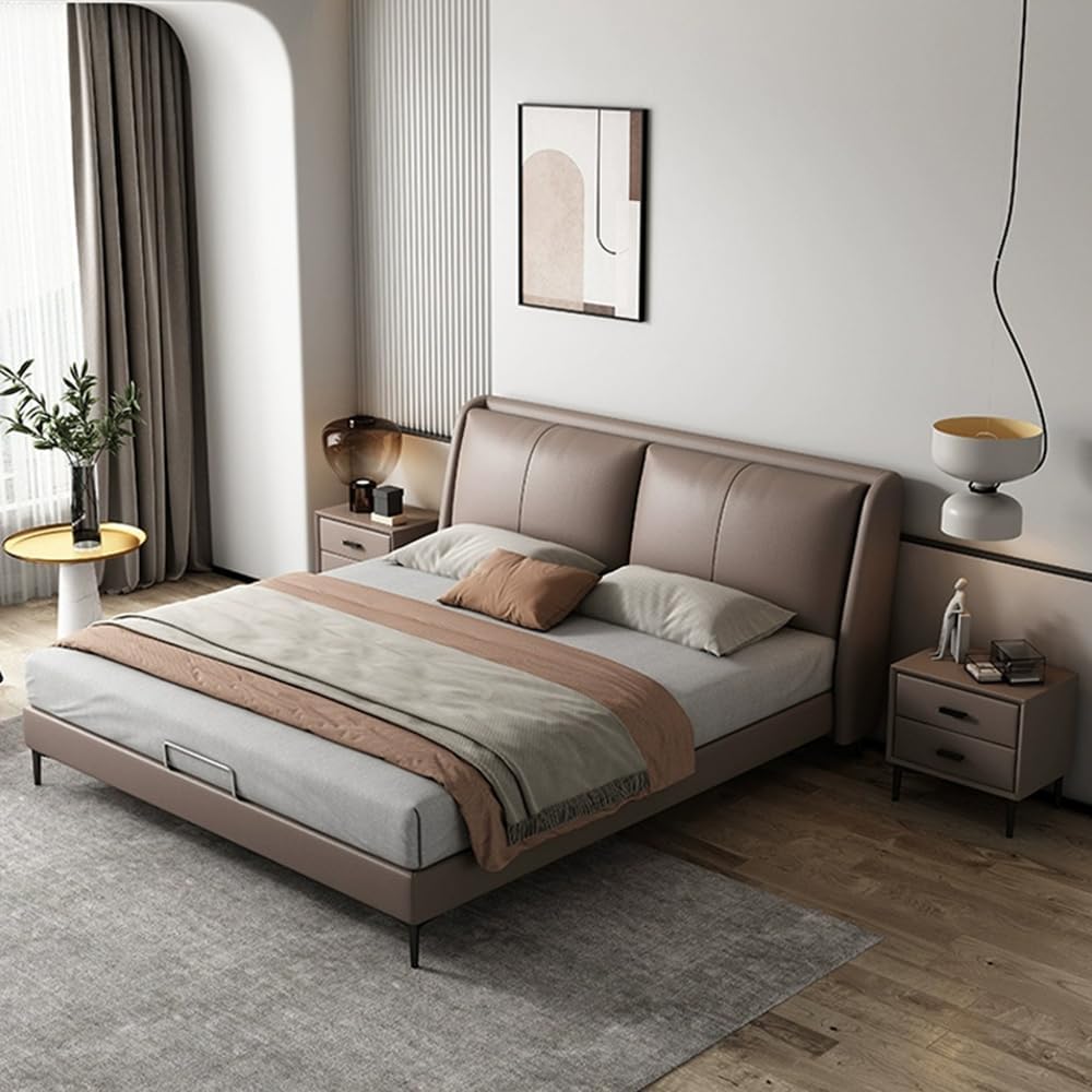 Vintage Leather Queen Size Platform Bed Wooden Slats Support Queen Size Lift Up Storage Bed Noise-Free