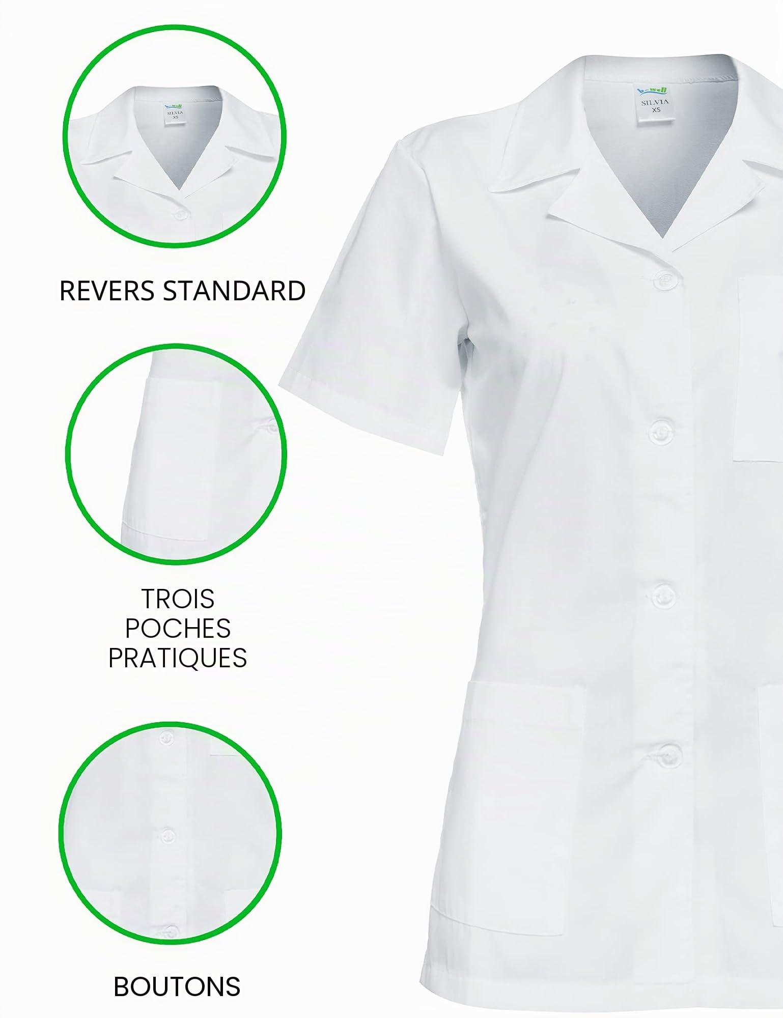 B-well Gabi Blouse Medicale Femme Blouse de Travail Femme Uniforme Médical Femme Manches Courtes Col en V avec Boutons