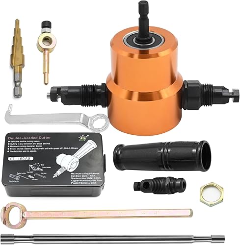 Taladro de chapa de doble cabeza de 360 grados con punzón y troquel adicionales, 1 accesorio de orificio de corte y 1 broca de paso