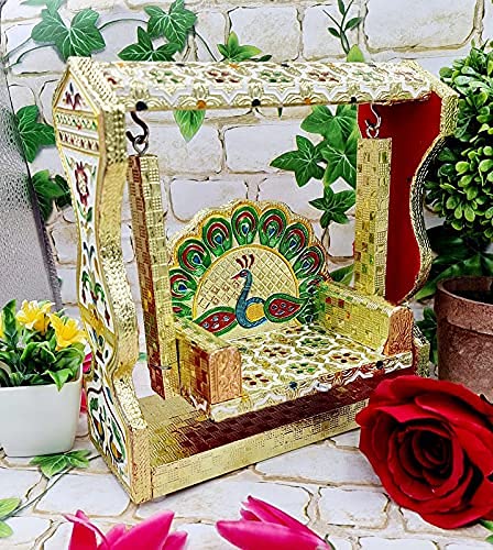 RSN Wooden Handicraft Peacock Meenakari Jhula for Laddu Gopal/Bal Gopal Idol/Krishana Jhula/Jhoola/Laddu Gopal for Home Temple (8.5 inch|White) 4