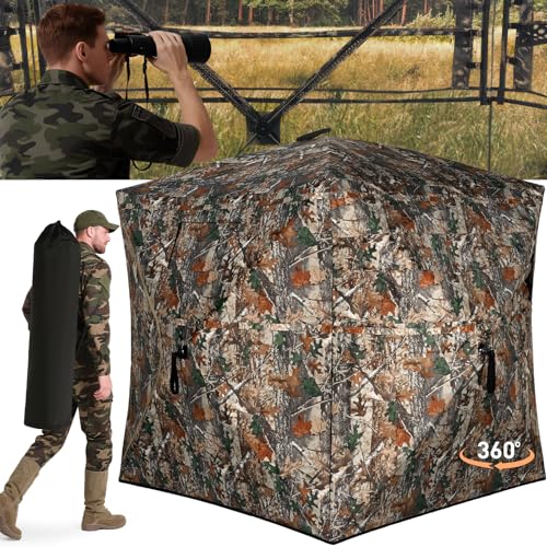 TLC Sport Hunting Blind with Carrying Bag, 360 Degree See Through Ground Blind for 2-3 Person, Camouflage Pop Up Hunting Tent Portable Concealed