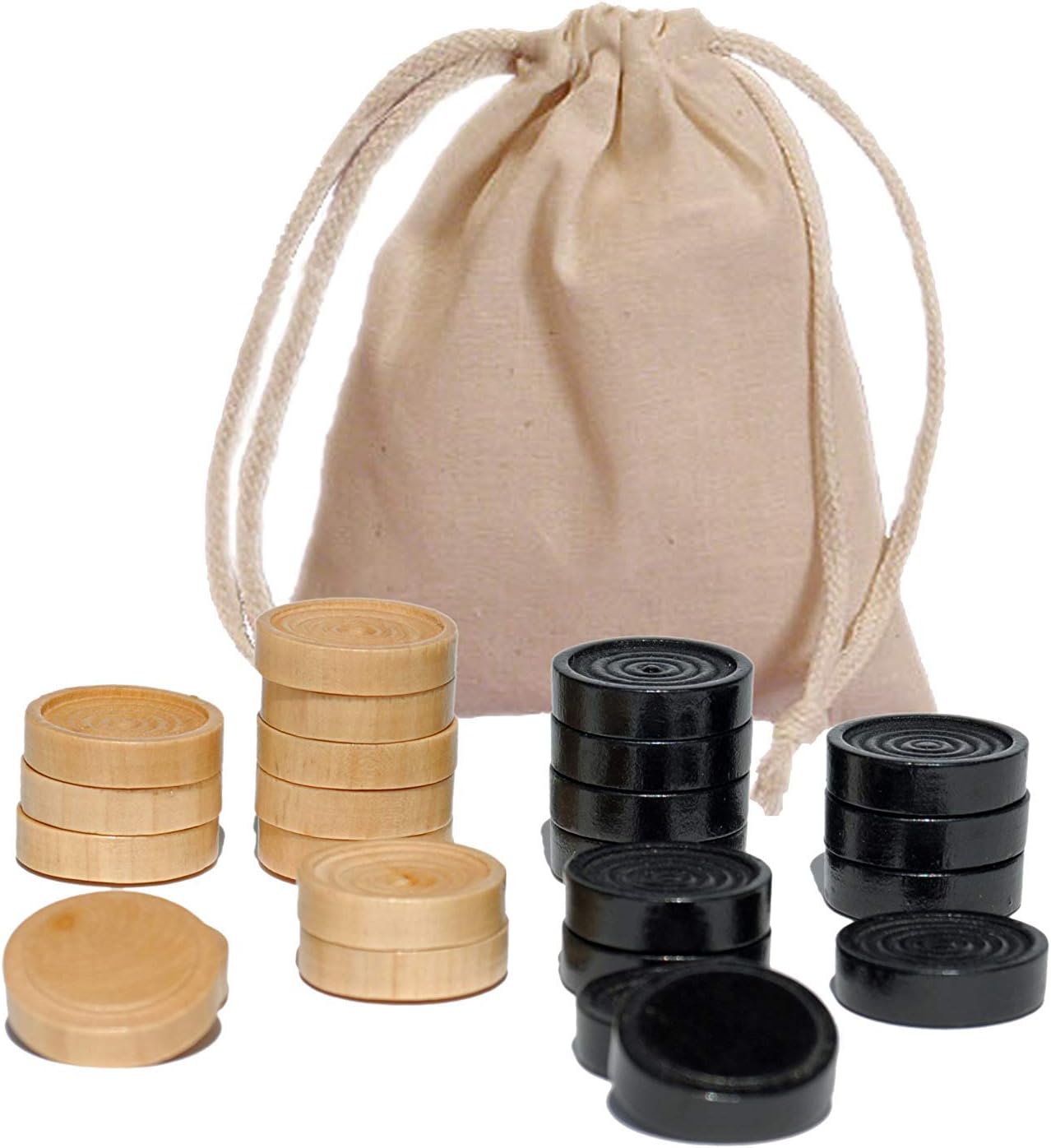 WE Games Wood Backgammon Chips with Cloth Pouch - Black & Natural 1.125 in. Diameter - Set of 30