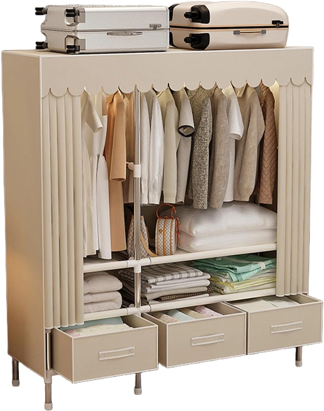 クローゼット 引出し付き 組立式 ワードローブ ハンガーラック カバー付き 家庭用衣類収納キャビネット 寝室・寮用 収納整理 サイズ