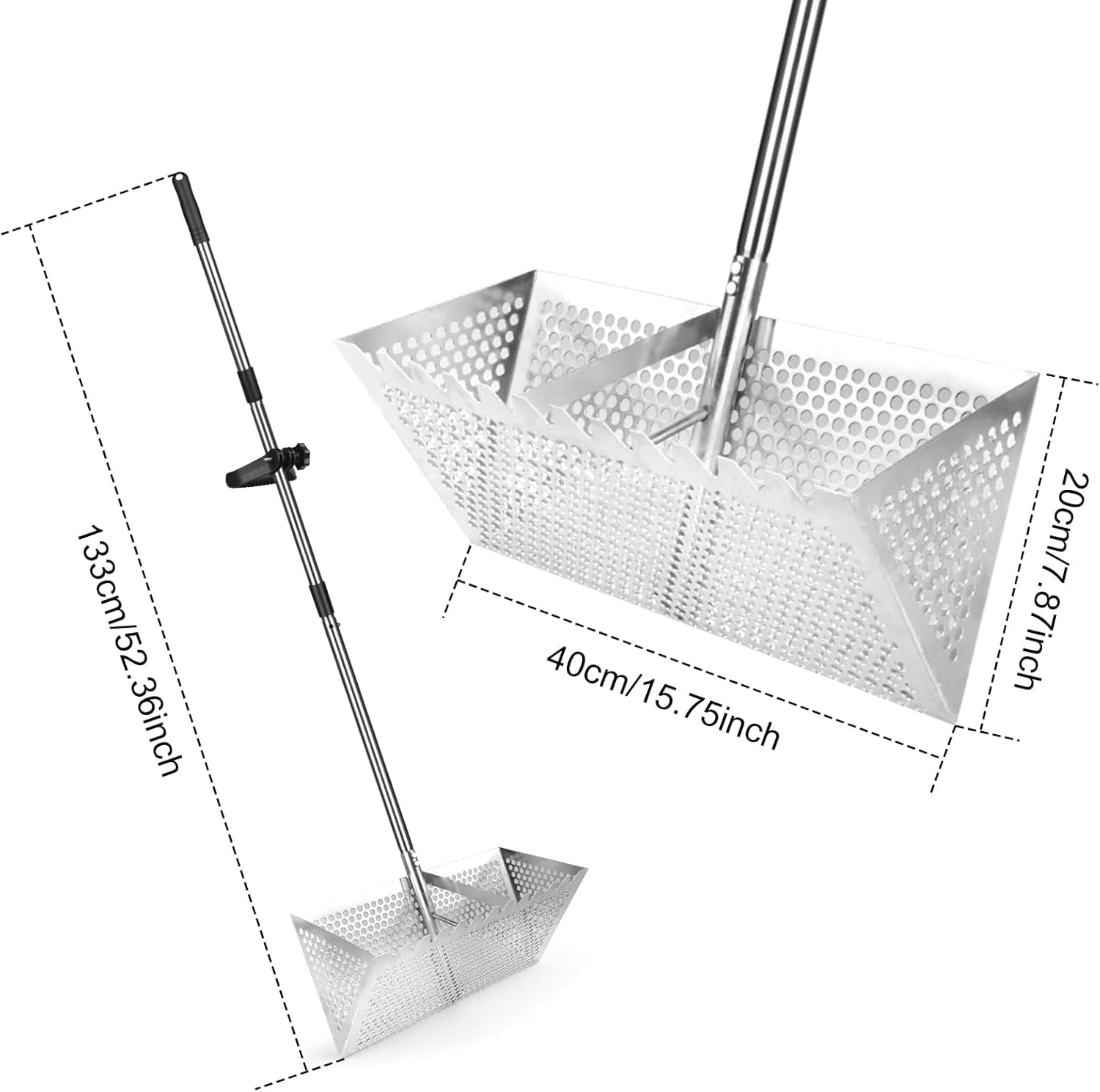 Râteau de Puce de Sable en acier inoxydable - Tamis de Sable de Plage avec Grand Panier à Dents de requin de 20×40 cm, Tamis Détachable Râteau de à Poignée Longue Détachable pour Plage