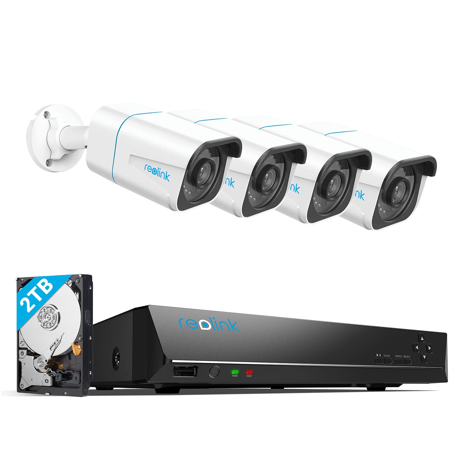 Reolink 4K PoE CCTV Security Camera System Ultra HD, Smart Person and Vehicle Detection, 4X 8MP Outdoor PoE IP Cameras and 8CH 2TB HDD NVR for Continuous Recording, Night Vision, RLK8-810B4-A