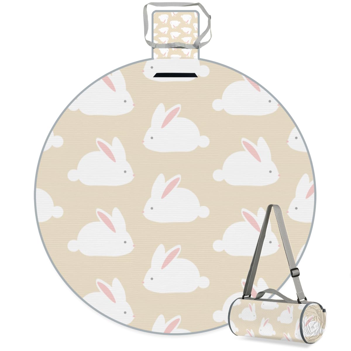 Shimoshe Cute Bunny Picnic Outdoor Blanket Foldable Waterproof Sandproof Beach Blanket Portable Water-Resistant Round Picnic Mat for Travel Camping Park Lawn