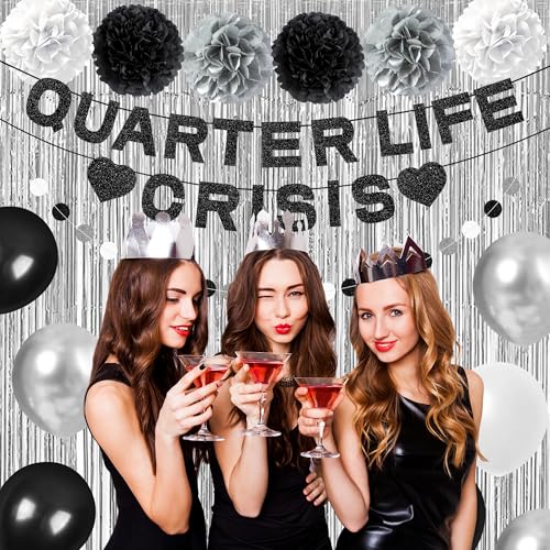 Image of Holkcog 25th Birthday Decoration for Women, Quarter Life Crisis to 25 Years Banner Black 25 Balloons Numbers Give Her Cheering 25th Birthday Gift 25th Birthday Party Supplies