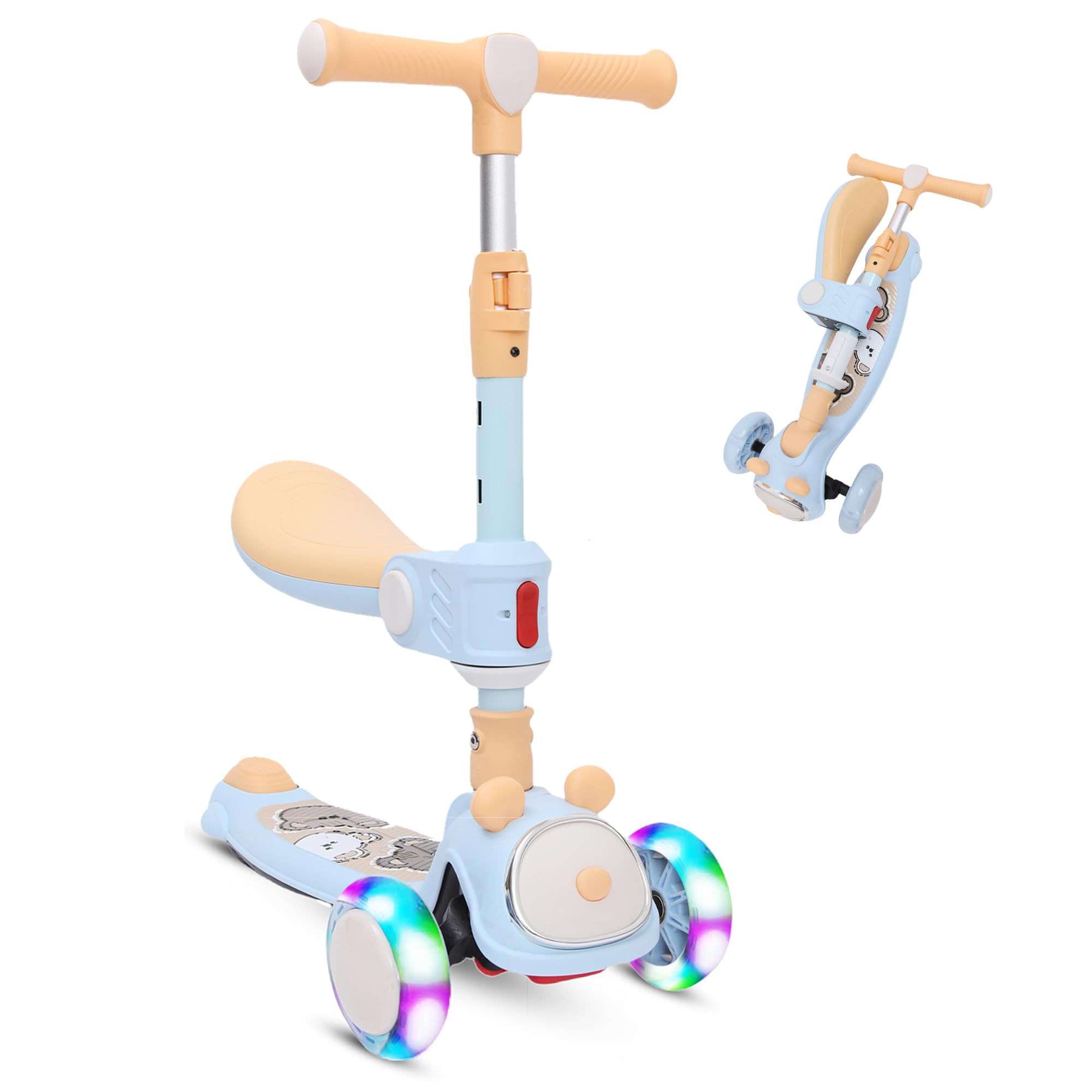 2-in-1 Folding Kids Scooter with Seat, LED Wheels, Adjustable and Lightweight (1-12 Years), Safe and Sturdy