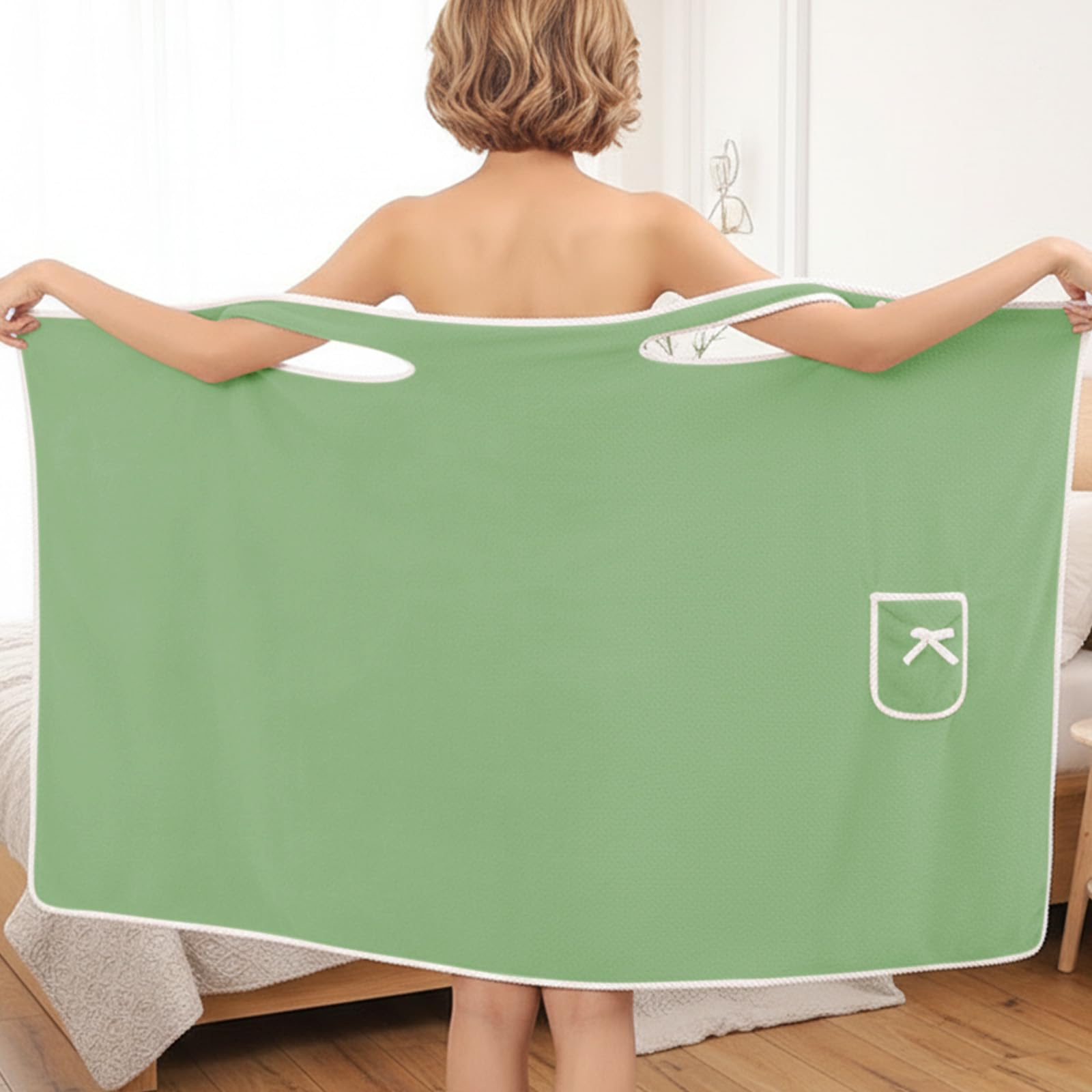 Women's Bath Towel Bathrobes, 53x31In Wearable Bath Wrap with Pocket and Bow Design Shower Towel Wrap for Bathroom