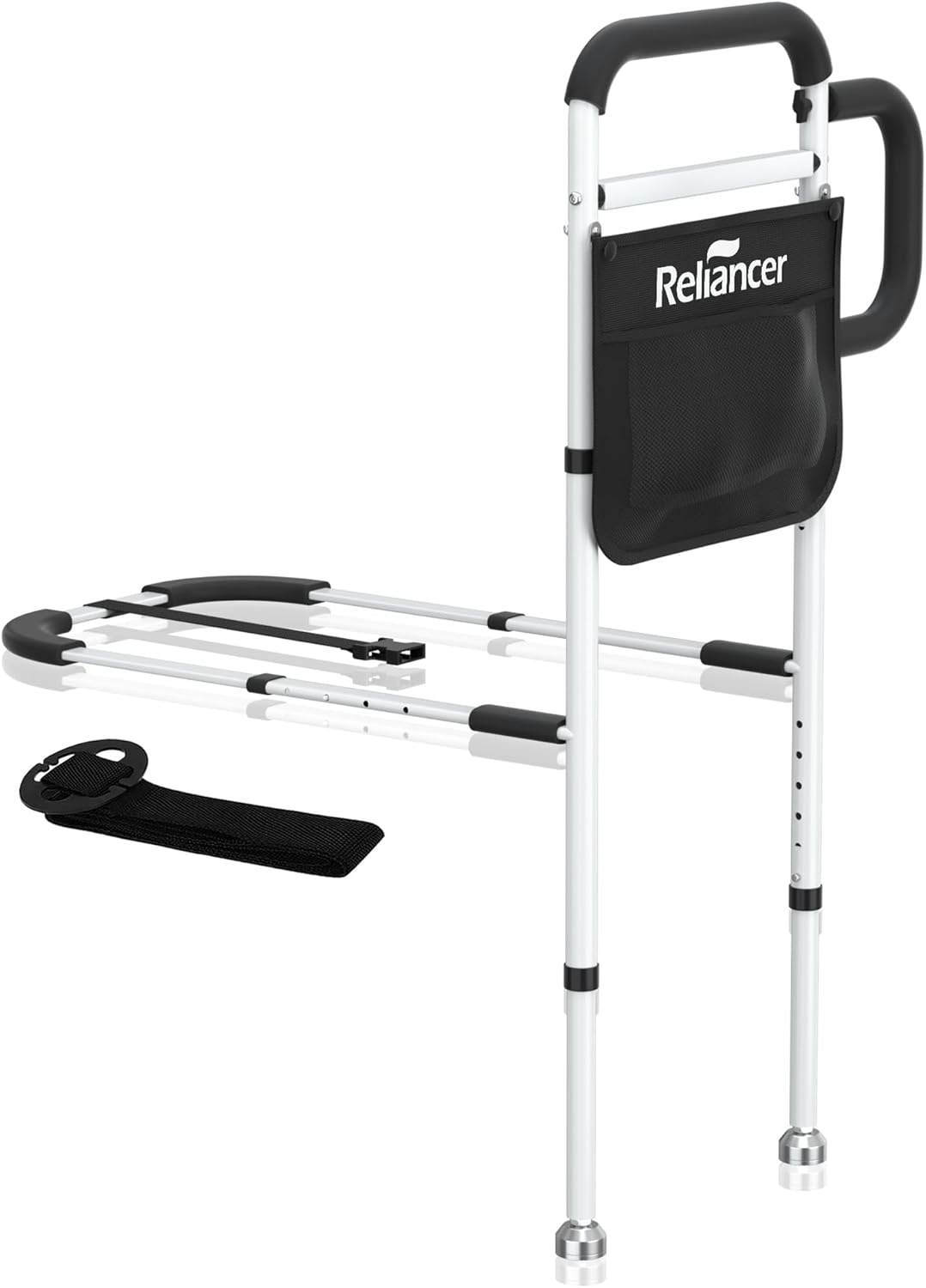 RELIANCER Bed Safety Rail for Elderly Adults w/Support Leg,Dual Handle Assist Grab Bar for Seniors,Adjustable Bedside Support Railings,Bed Side Assist Guard Rails,Bedside Hand Guard Bar Safety Bedrail