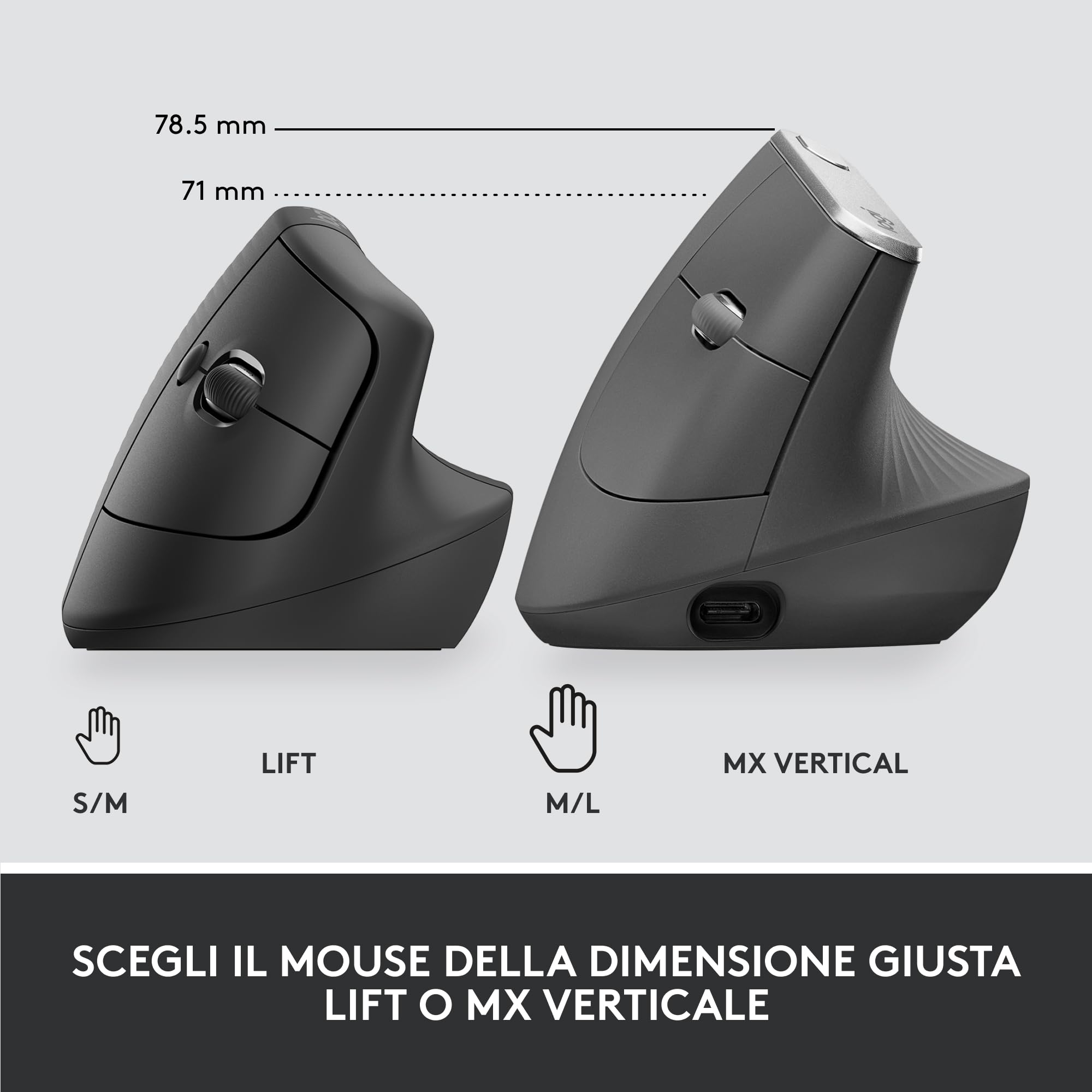 Logitech Lift For Business, Mouse Verticale Ergonomico, Wireless, Bluetooth, USB Secured Logi Bolt, Clic Silenziosi, Certificazione Globale, Windows/Mac/Chrome/Linux - Graphite
