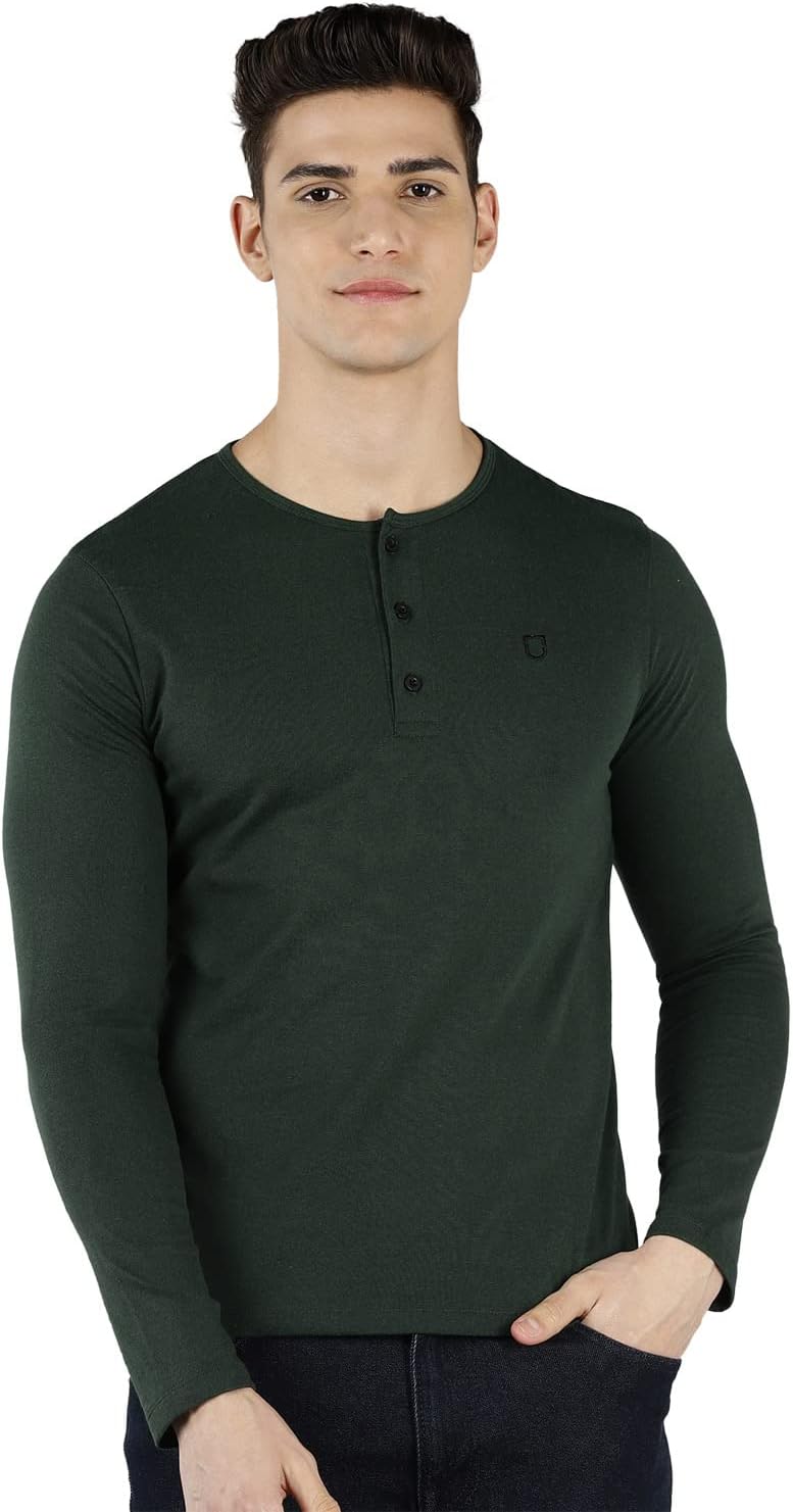 Urbano FashionMen's Solid Henley Neck Slim Fit Full Sleeve Cotton T-Shirt