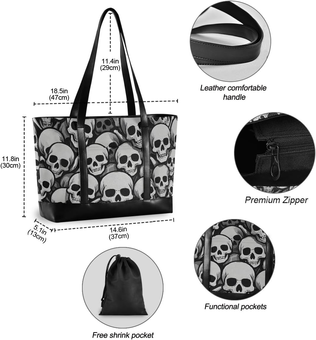 ALAZA Skull Pattern Laptop Tote Bag,Fits 15.6 Inch Laptop,Womens Lightweight Canvas Leather Tote Bag Shoulder Bag
