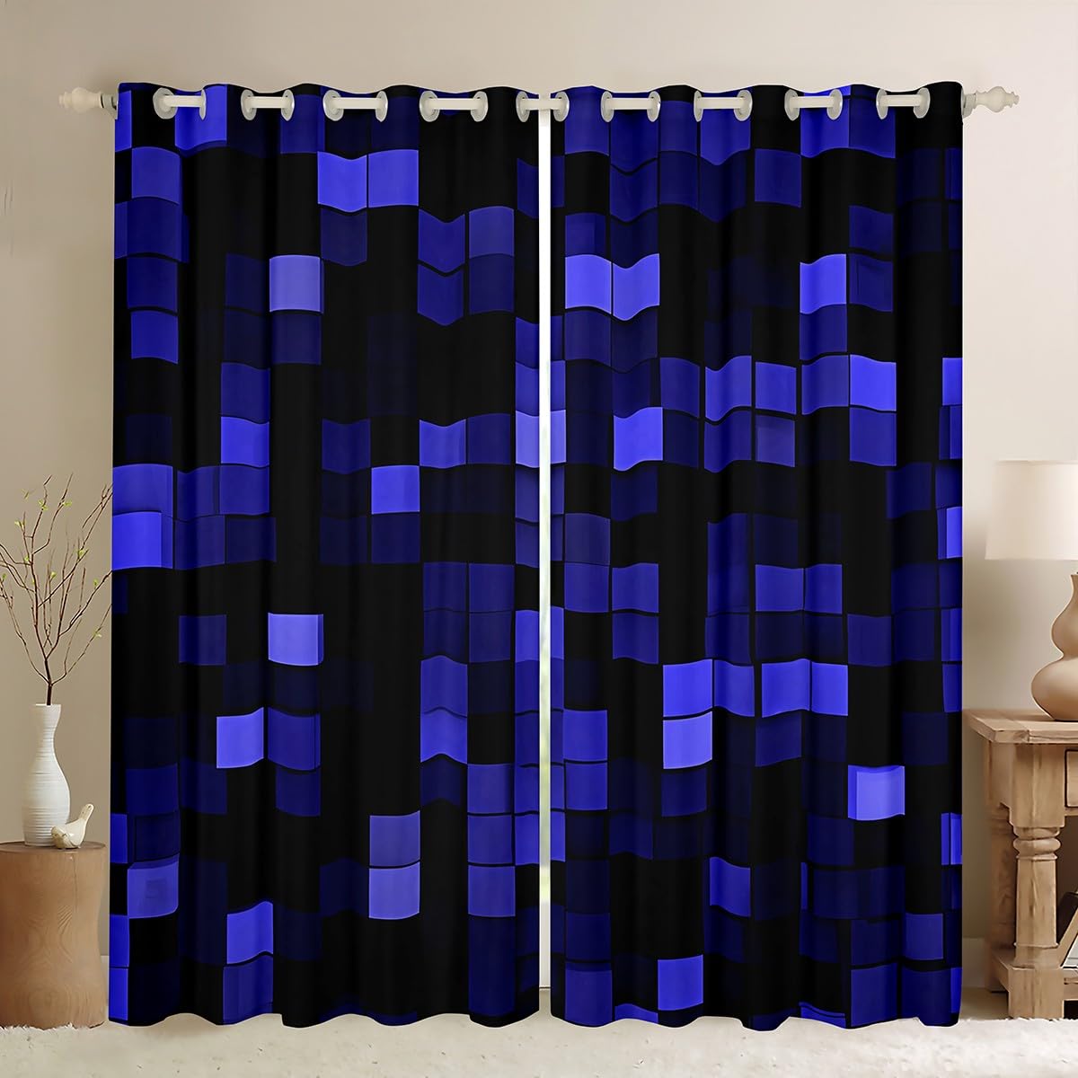 Manfei Pixelated Miners Game Blackout Curtains,Video Games Cartoon Gamepad Window Drapes,Modern Geometric Check Nursery Bedroom Playroom Decor,Dark Blue 2 Panels,46Wx72L inch