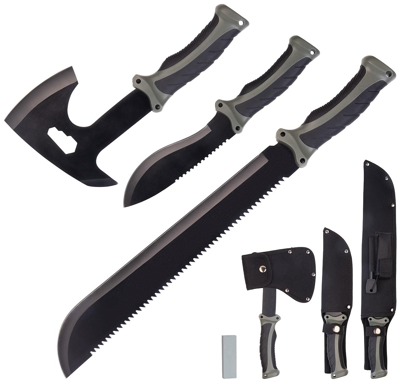 Semptec Urban Survival Technology Axt: Outdoor Survival Beil-Set inkl. Messer & Machete, 3 Gürtelscheiden (Klinge Messer, Multifunktionsset, Schleifstein)