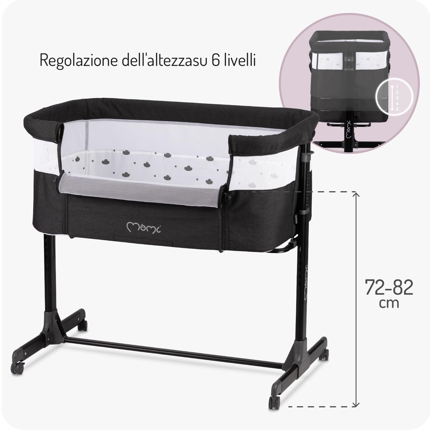 Momi REVO Lettino multifunzionale, con regolazione dell'altezza su 6 livelli da 72 a 82 cm, con rotelle, materassino incluso, cinghie di fissaggio, zanzariera e barra giochi