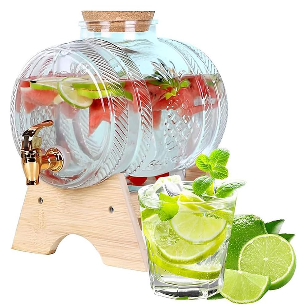 Dispensador de agua de cristal con grifos Dispensador de bebidas de vidrio transparente de 1 l, 3 l y 5 l con grifo y opción de soporte(1L)