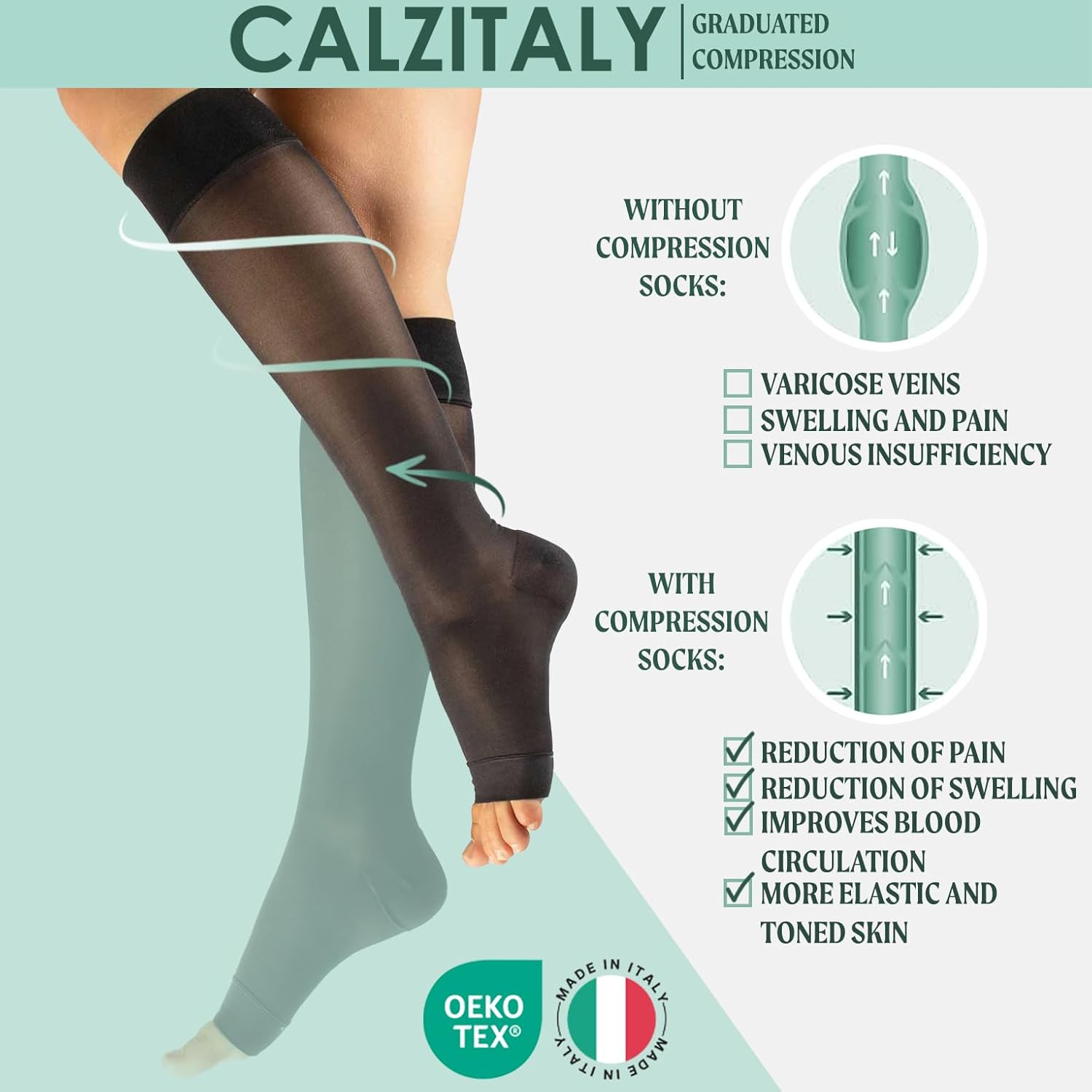 Open Toe Graduated Compressione Knee High Socks | 18-22 mmHg Medical Socks | Black,Skin | S/XL | 140 DEN | Made in Italy