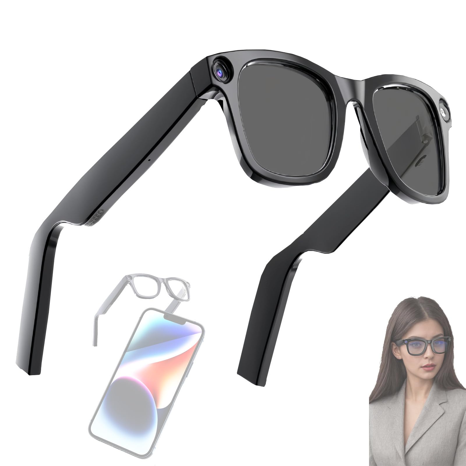 Occhiali Intelligenti Ai con Fotocamera,Fotocamera Px HD da 2000W,Scorrimento E Tocco,Riconoscimento Openai,Supporto Connessione Bluetooth Wi-Fi,Ricarica Rapida da 400Mah,per Viaggi,Riunioni