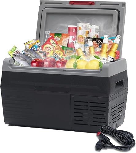 Smad Refrigerador RV de 12 V de 0.7 pies cúbicos con congelador, 14.5 pulgadas de ancho con luz LED, puerta reversible, mango empotrado,