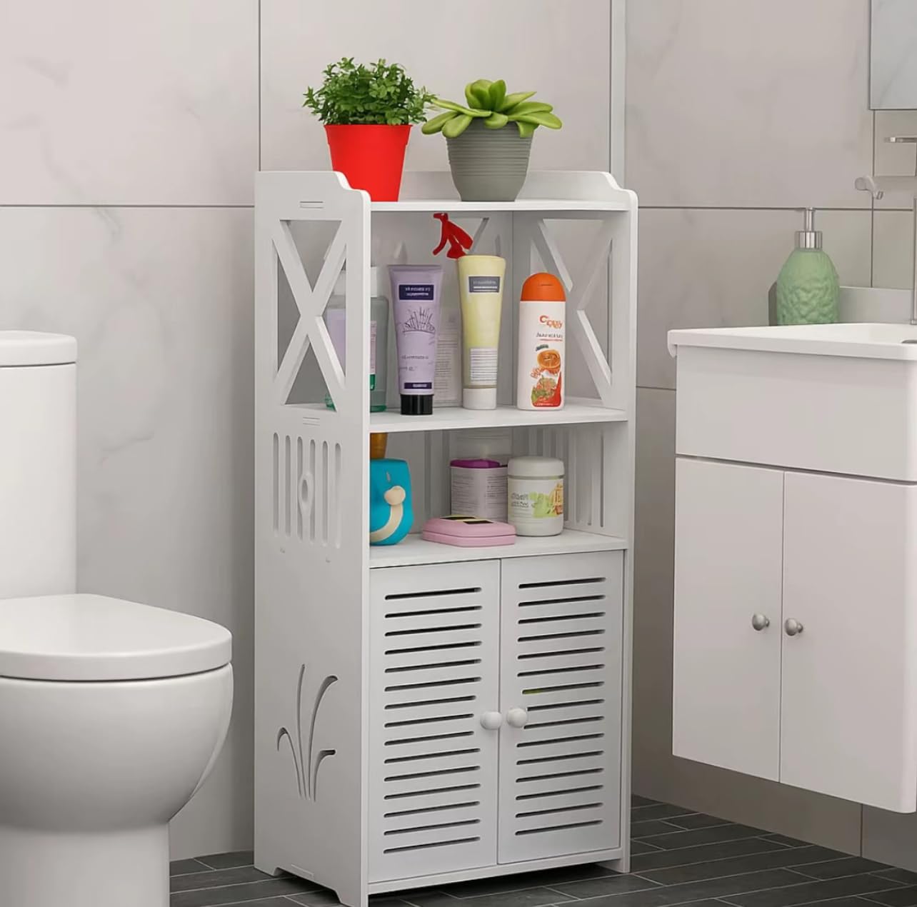 Generico Mobiletto da Bagno Salvaspazio con Anta, 90x40x25 cm, Armadietto Bianco Impermeabile, Organizer Multiuso in Legno Plastico