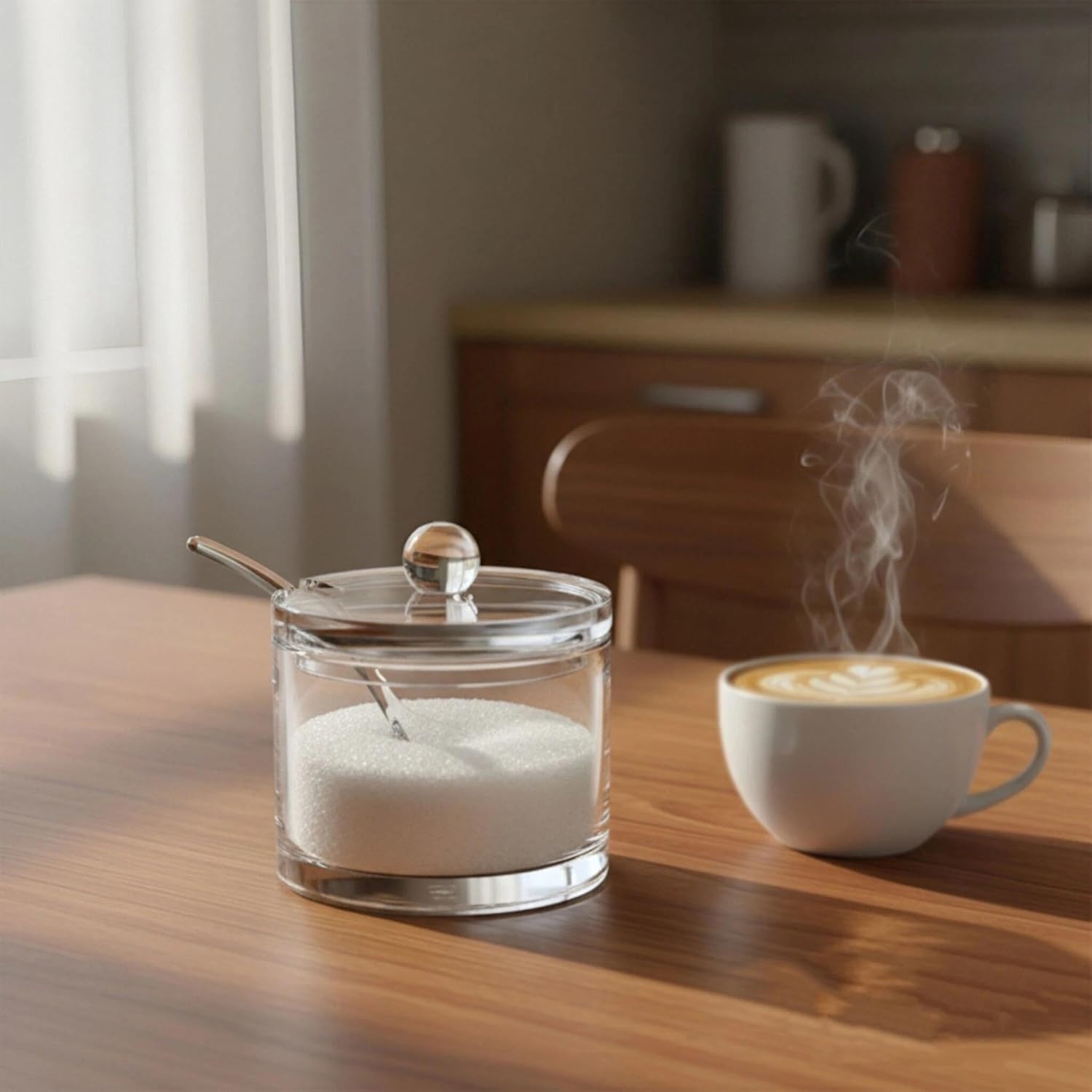 J&M DESIGN Azucarero con tapa y cuchara, recipiente hermético de 8 onzas, soporte acrílico transparente para tarro de azúcar para cafetería, té y horneado