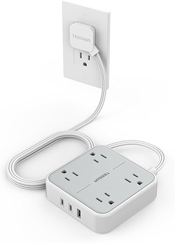 Vista 49 de TESSAN - Regleta protectora contra sobretensiones, enchufe plano, cable extensión ultradelgado 5 ft, 3 puertos USB (1 USB C), 4 tomas corriente