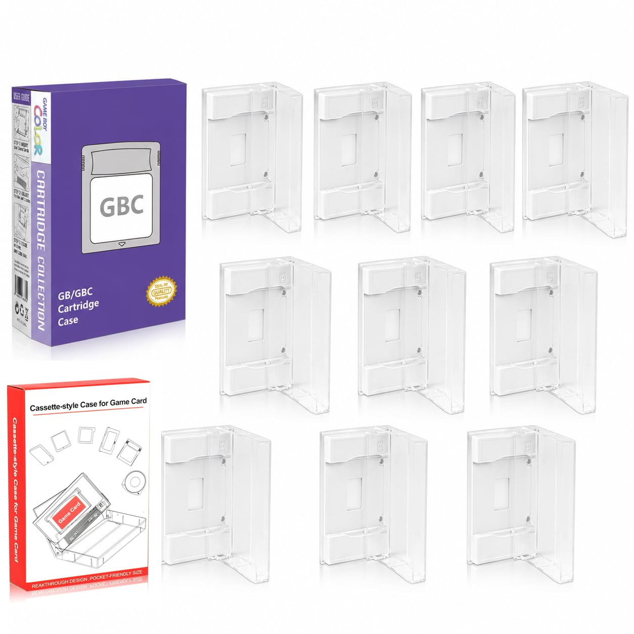 10-Pack Game Cartridge Cases Compatible with Nintendo Game Boy Color & Original Game Boy – Clear Shells with Secure Inner Trays for Travel & Display, GBC Storage Boxes & GB Cartridge Holders
