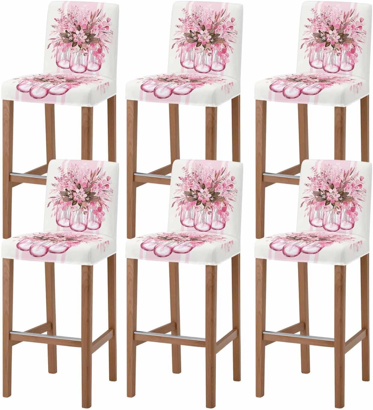 Bar Chair Stool Covers Set of 6, Pink Eucalyptus Leaves Stretch Washable Removable Bar High Chair Cover, Farmhouse Spring Summer Botanical Elastic Bar Chair Protector for Kitchen/Restaurant