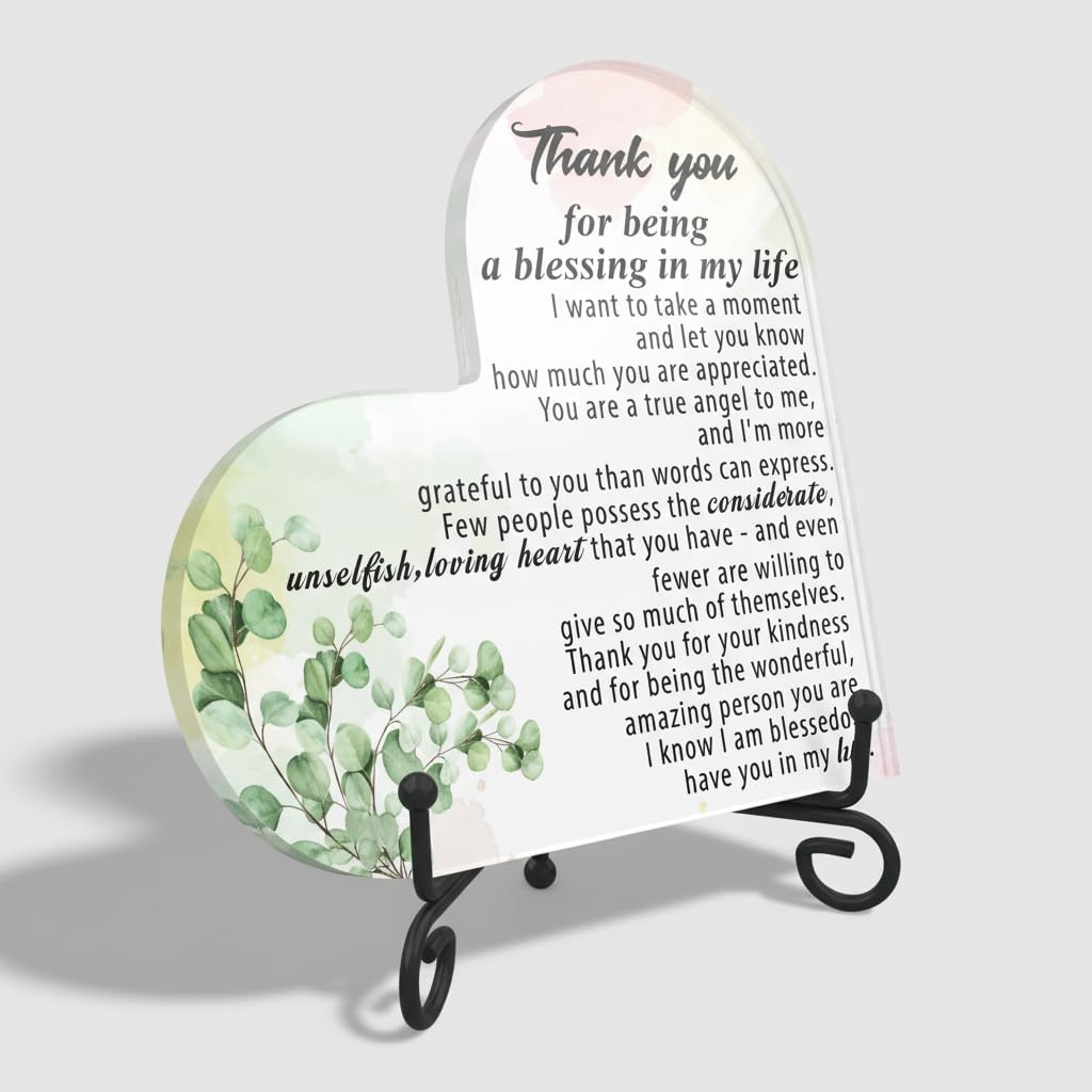 Thank You Gifts for Women Men, Thank You for Being a Blessing in My Life Acrylic Heart Plaque with Stand Desk Decor, Appreciation Gifts Thanksgiving Gifts for Family Mom Friends - A01