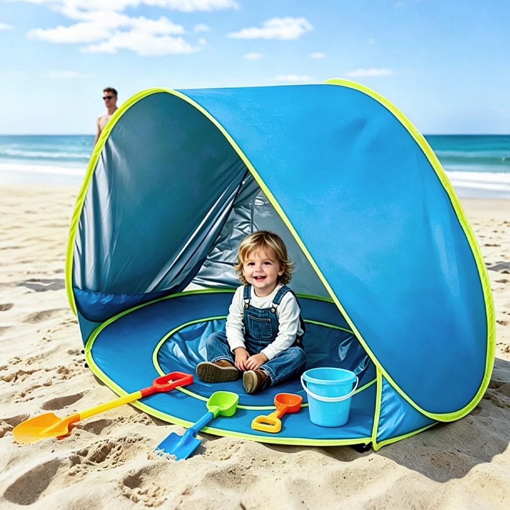 Strandmuschel mit Planschbecken, Aufklappbares Strandzelt mit UV-Schutz 50+ und Planschbecken für Strand, Camping und Garten, Inkl. Tragetasche (Blau)