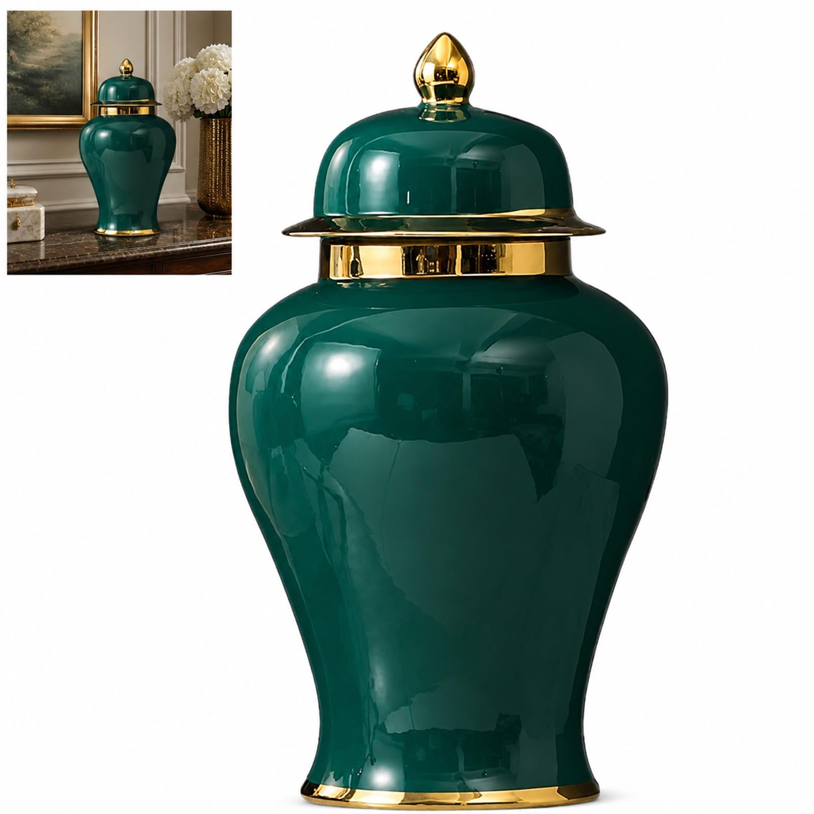 Ceramic Ginger Jar With Lid For Home Decor Vase Porcelain Decorative Flower Vases Handmade Temple Jars (green,22 * 44cm)