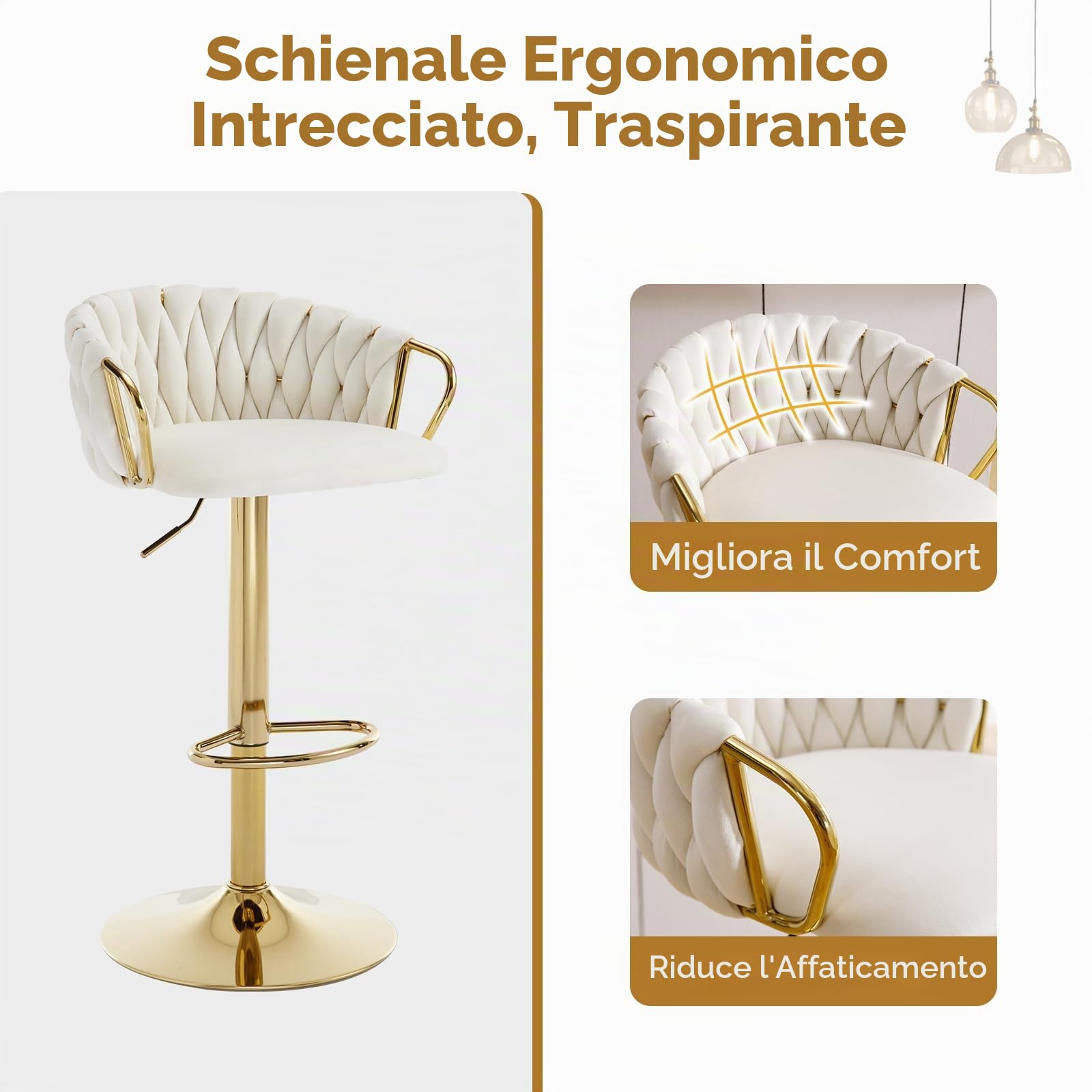 Set 2 Sgabelli da bar Velluto,Schienale intrecciato Bianco Crema