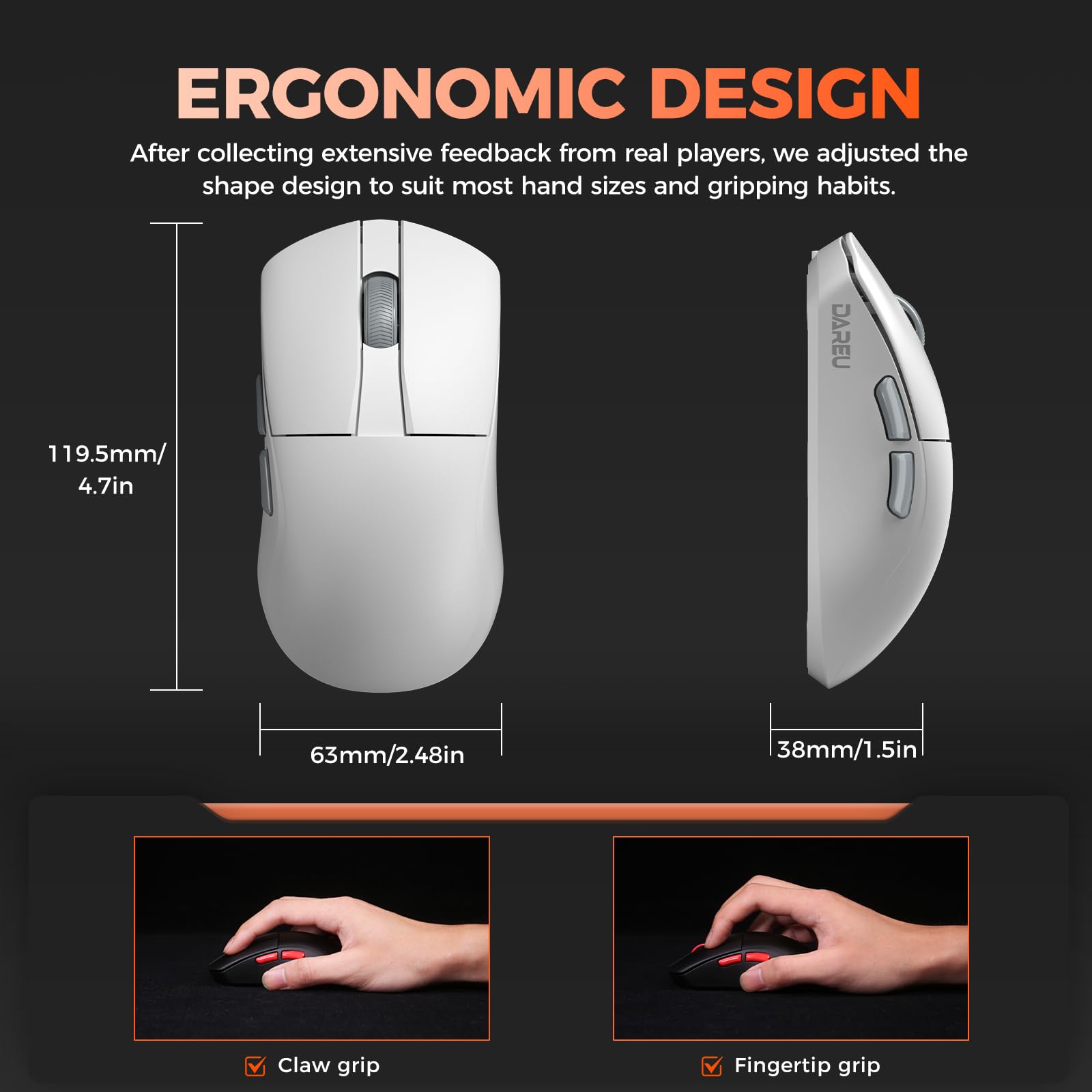 DAREU A950 Wing Ratón inalámbrico Gaming Ultraligero para Juegos, Doble tasa de sondeo de 8K, Sensor óptico AIM-750U, 30K dpi, 100 Millones de clics, simétrico, 5 Botones programables, duración de la
