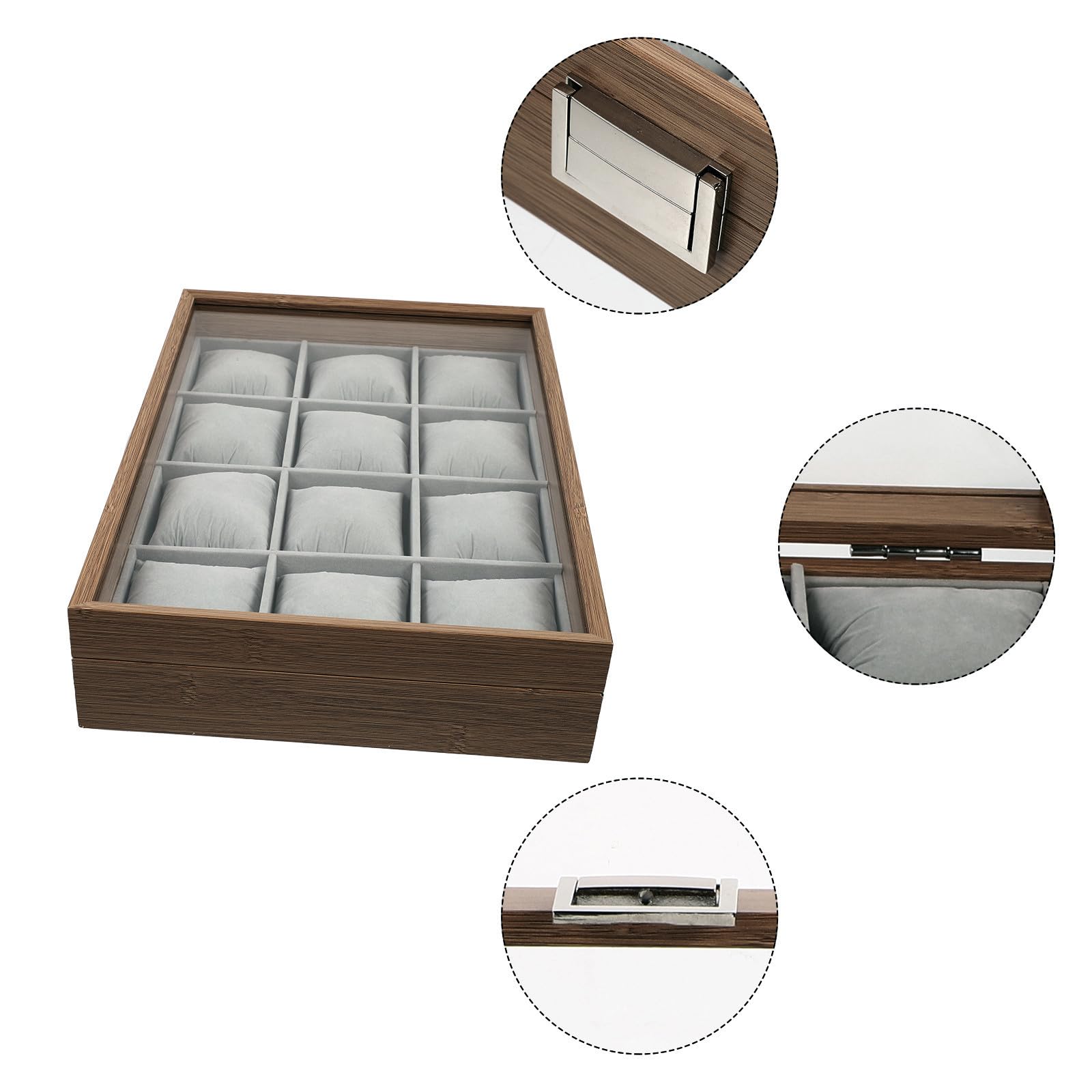 Hemobllo Organizador de relojes de madera con 12 ranuras grandes y almohadillas extraíbles para almacenamiento de joyas en uso personal y del hogar