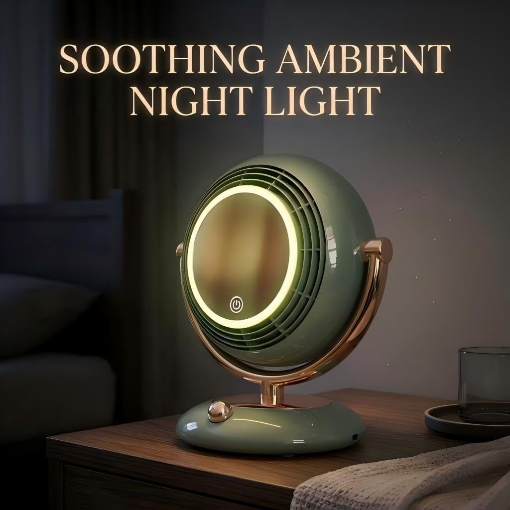 Retro-Style Makeup Mirror Desktop Portable Fan, Desktop Dressing Mirror with Built-in Fan, Equipped with LED Lighting, Warm and Cool Tone Lights, Touch Control Function (White)