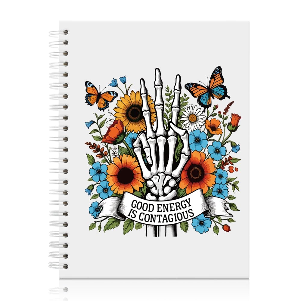 Mhfpl Good Energy is Contagious Skeleton Flower Spiral Journal Notebook, Positive Affirmations Gifts for Coworker, Mental Health Awareness Gifts for Women, Christmas Birthday Gifts for Sister BFF