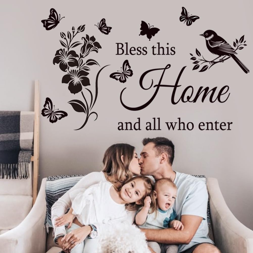 Pegatinas de pared inspiradoras para la familia, con cita en inglés "Bless This Home and All Who Enter Words", calcomanías de vinilo para decoración de pared, citas motivacionales para dormitorio.